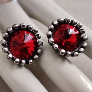 Designer Red Rivoli Glass Earrings Signed Avant Garde